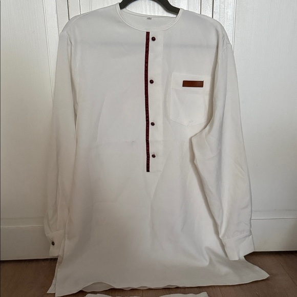 Other - Men's White Button-Trim Casual Tunic Shirt with white pants set size xl